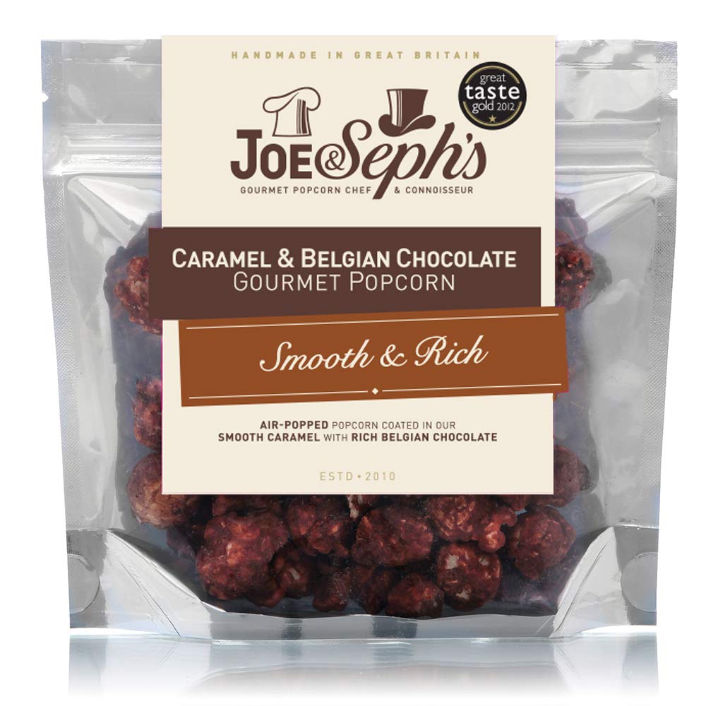 Joe & Sephs Belgian Chocolate Popcorn Snack Bag, Handmade in UK, Suitable for Vegetarians, Gluten Free, Air-Popped, Movie Night in, 32 g