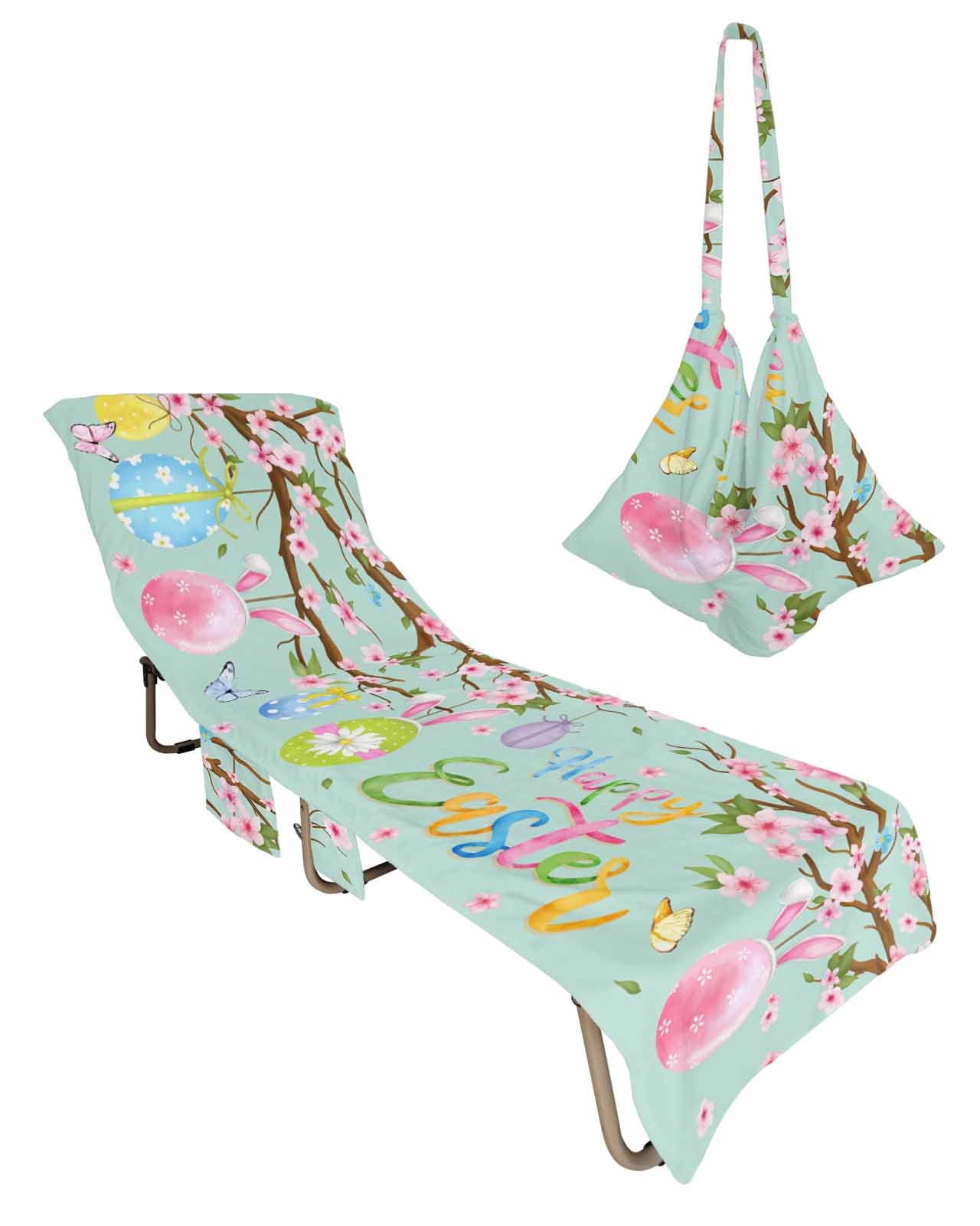 Easter Eggs Beach Chair Towel Covers for Chaise Lounge with Side Pocket, Soft Plush Pool Towels Cover for Patio Sunbathing Outdoor 29''x85'' Spring Bunny Ear Flower Watercolor