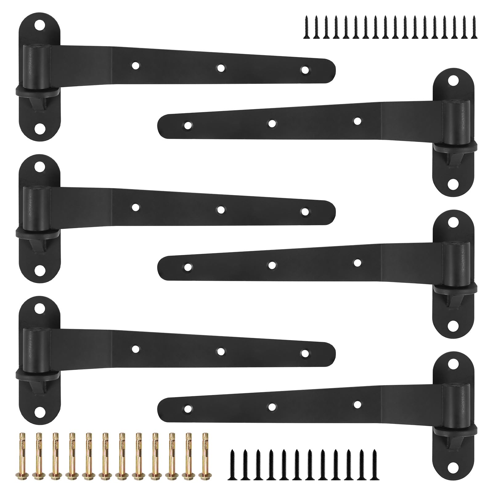6 Pack Heavy Duty Strap Gate Hinges, 12inch T Strap Gate Hinges Black Door Hinge for Shed, Barn, Fence, Yard Gate, Door