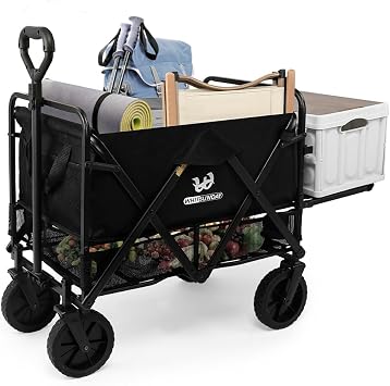 Whitsunday Collapsible Double Decker Wagon with Tailgate, Foldable Heavy Duty Foldable Wagon Cart with Wheels, Beach Wagon for Camping, Sports, Shopping, Garden Black, Large