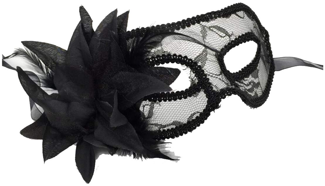 Men's Black Blue Gold Translucent Masquerade Half Face Mask with Side Feather Flower,Black — image 1