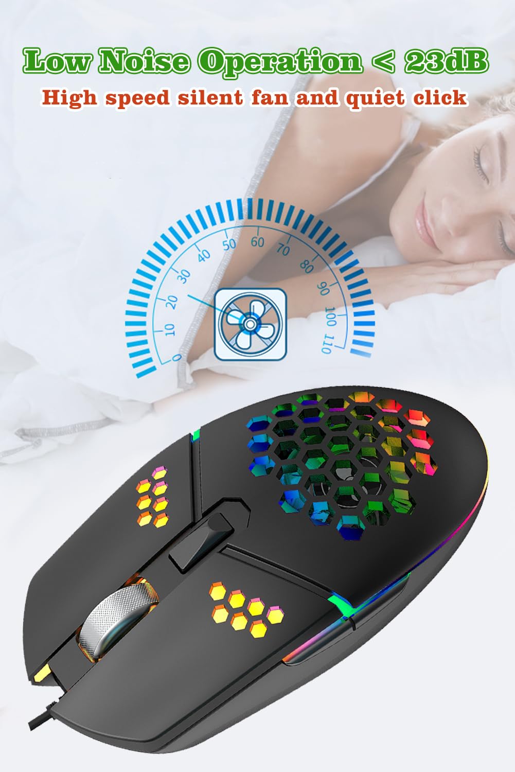 Mouse da gioco cablato con ventola, mouse per PC a nido d'ape con ventola di raffreddamento | Mouse da gioco con LED RGB per laptop, clic silenzioso e 4 livelli DPI, senza palmo sudato
