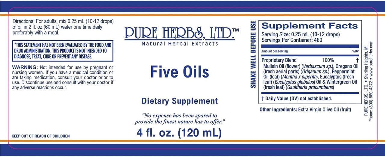 Pure Herbs, Ltd. Five Oils (4 oz.) New Formula