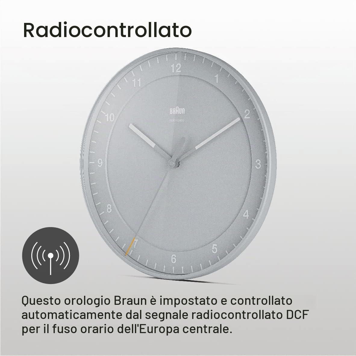 Braun Orologio analogico grande da parete Radiocontrollato Classic per il fuso orario dell'Europa centrale (DCF/GMT+1) con movimento a scansione silenzioso, diametro 30 cm, grigio, modello BC17G-DCF.