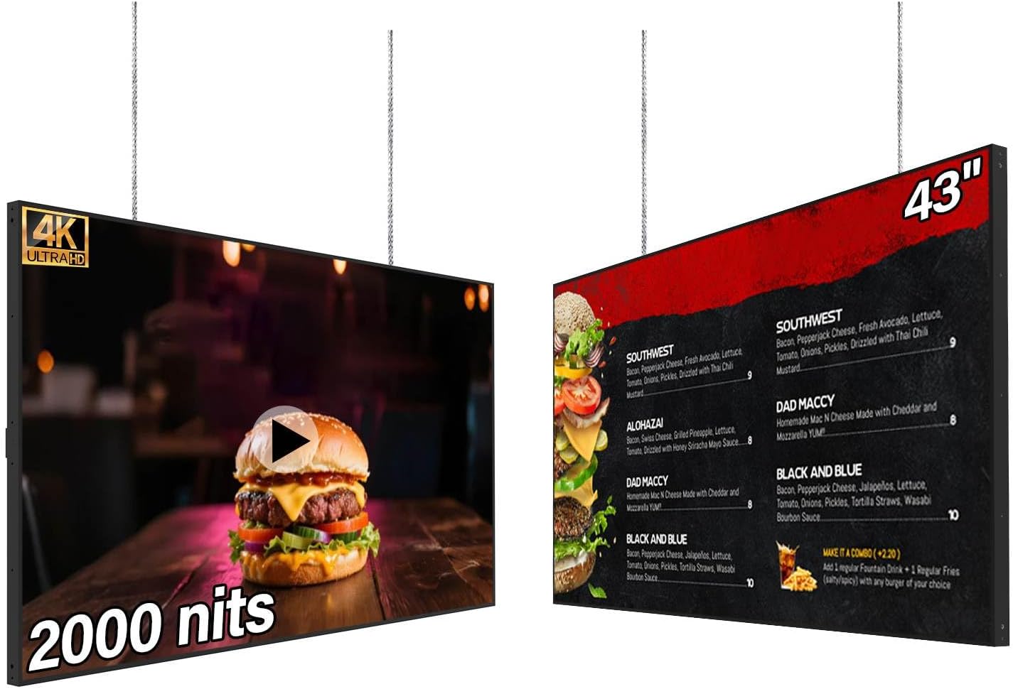 43inch Digital Display, 4K 2000nits High Brightness Slim Fit Frameless Digital Signage, LCD Advertising Display Screen, CMS/USB/WiFi/Port Player, Smart Split Screen, 24/7 Operation,Built-in Speaker
