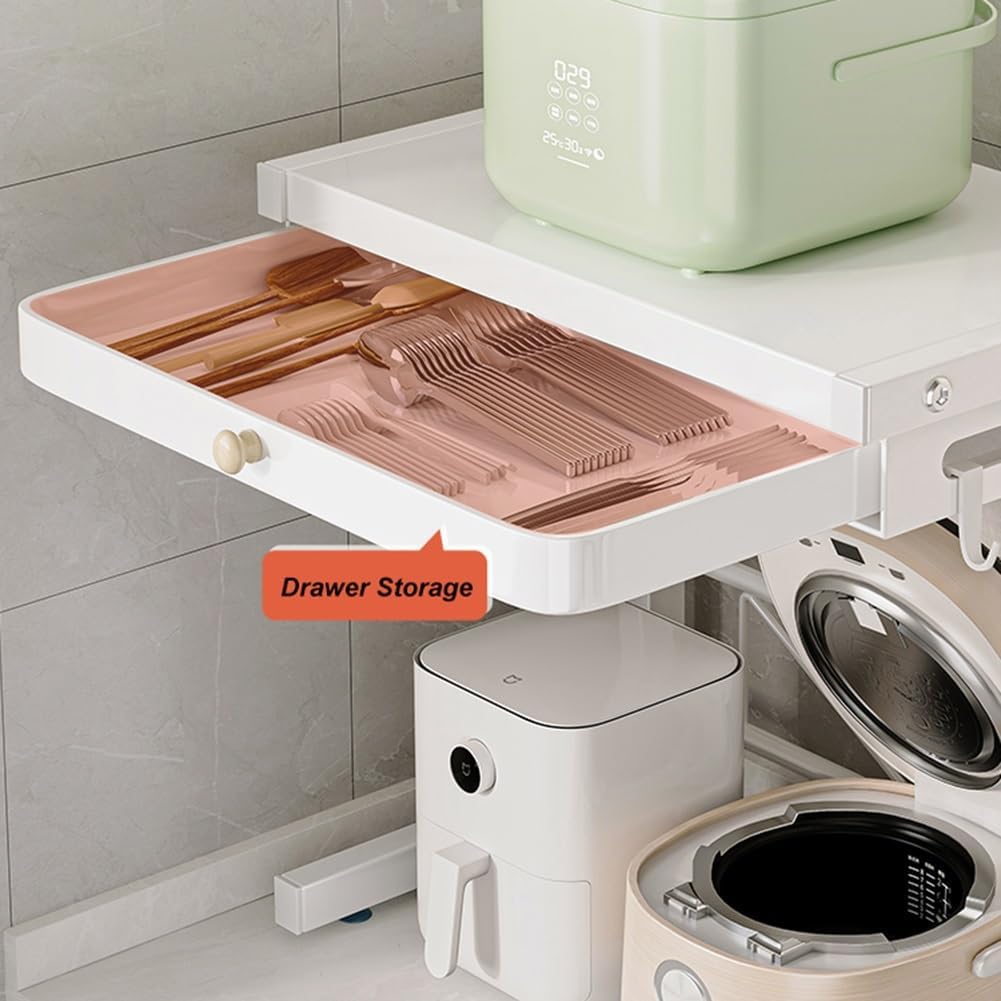 2 Tier Microwave Oven Rack Kitchen Counter Shelf with Storage Drawer and 3 Hooks, Metal Stand Toaster Shelf