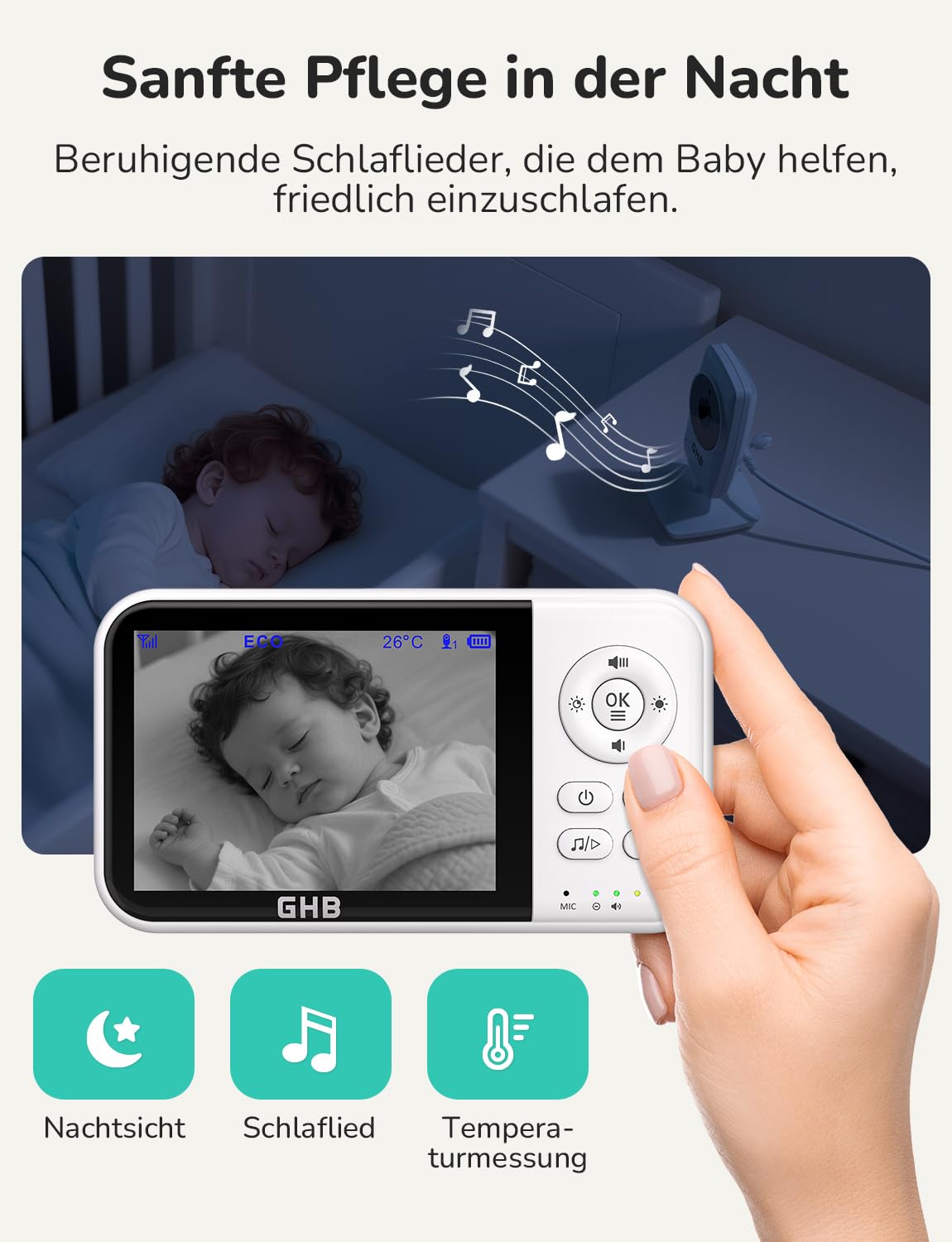 GHB Babyphone mit Kamera Baby Monitor 3,2 Zoll LCD 2100 mAh Akku 2X Zoom Temperatursensor Nachtsicht Gegensprechen Weiß