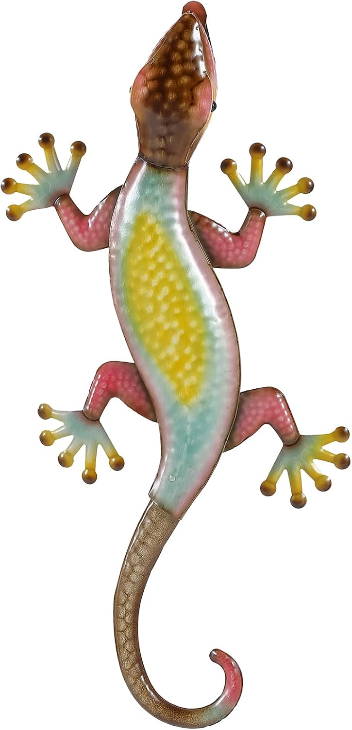 TICKCACY 19.6” Metal Gecko Wall Decor, 3D Handmade Blue Lizard Metal Wall Art, Outdoor Indoor 3D Lizards Art Sculpture for Home Patio Porch Garden