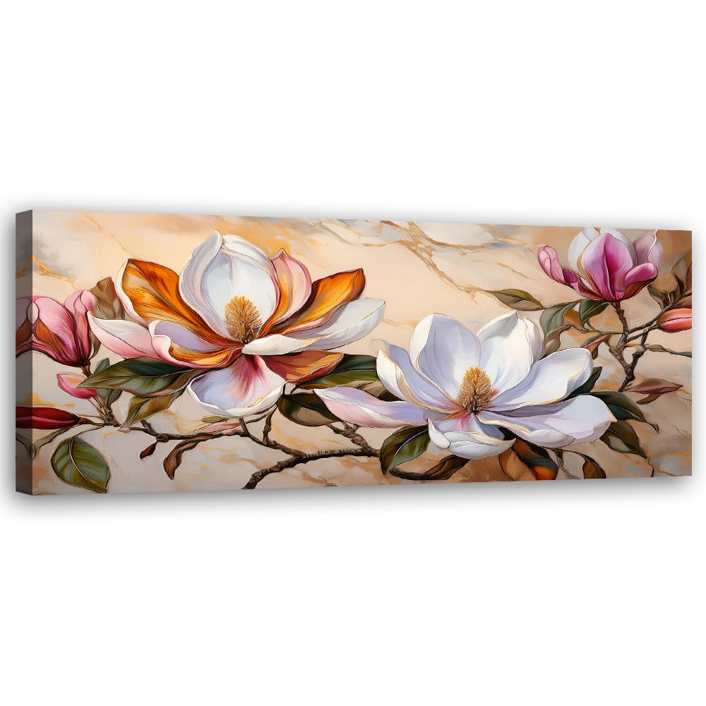 Feeby Leinwand Bilder - Bild Wohnzimmer - Magnolien Zweig Blumen Marmor - 120x40 1tlg - Deko Schlafzimmer Groß - Dekoration Canvas - Gemälde - Modern Wandbilder - Kunstdruck