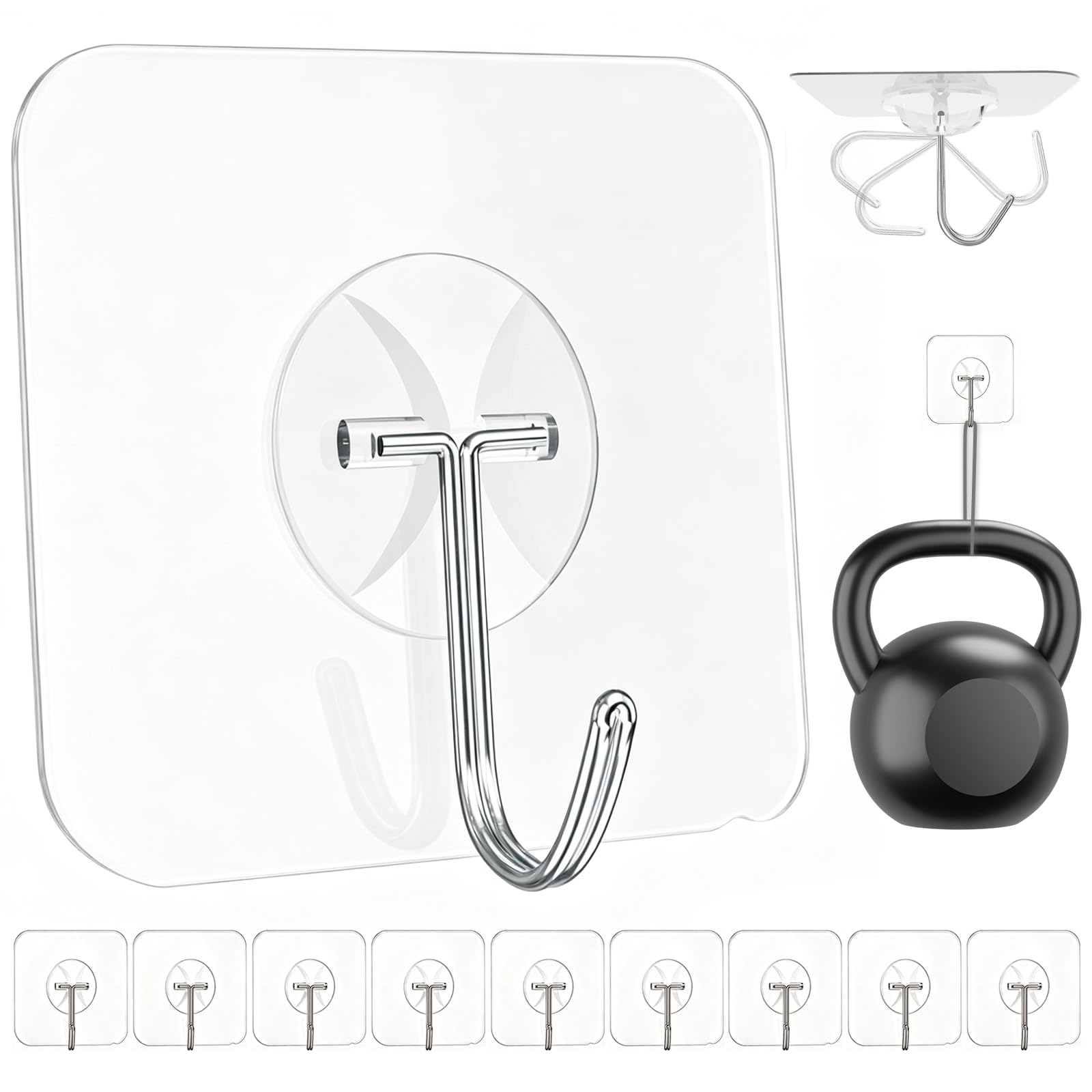 Latoxcaa Crochets Adhésifs Extra Solides Grande Taille pour Portée Lourde 10KG (Max), Crochets Mural Adhesif Transparents Amovibles, Accroche Autocollante Étanche et Inox, Pour Salle de Bains 10pcs