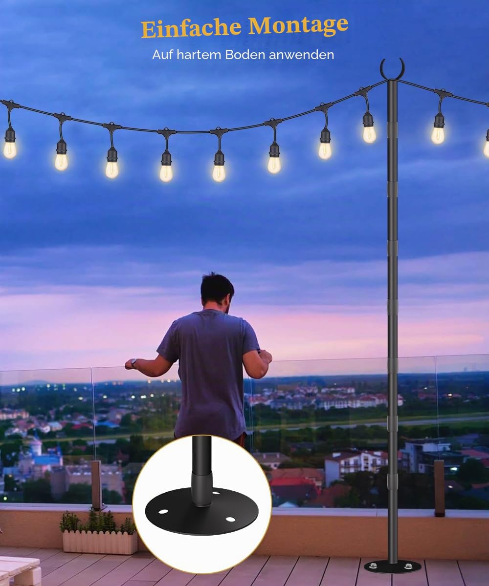 3 m lange Lichterkette für harte Oberflächen, Außenlichtständer für Hinterhof, Garten und Terrasse, Partybeleuchtung, robuste Metallstangen mit wasserdichter Oberfläche, rostfrei und