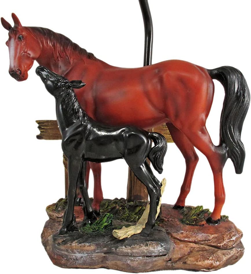 DWK Brown Mare and Foal Horse Hand Painted Table Lamp w/Shade