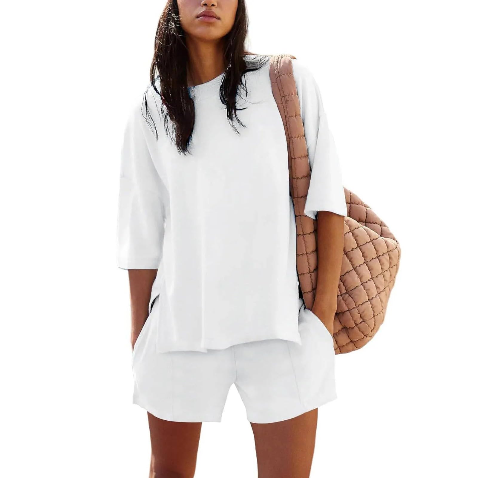 Conjunto casual de 2 piezas de camiseta de manga corta y pantalones cortos de cintura elástica para mujer