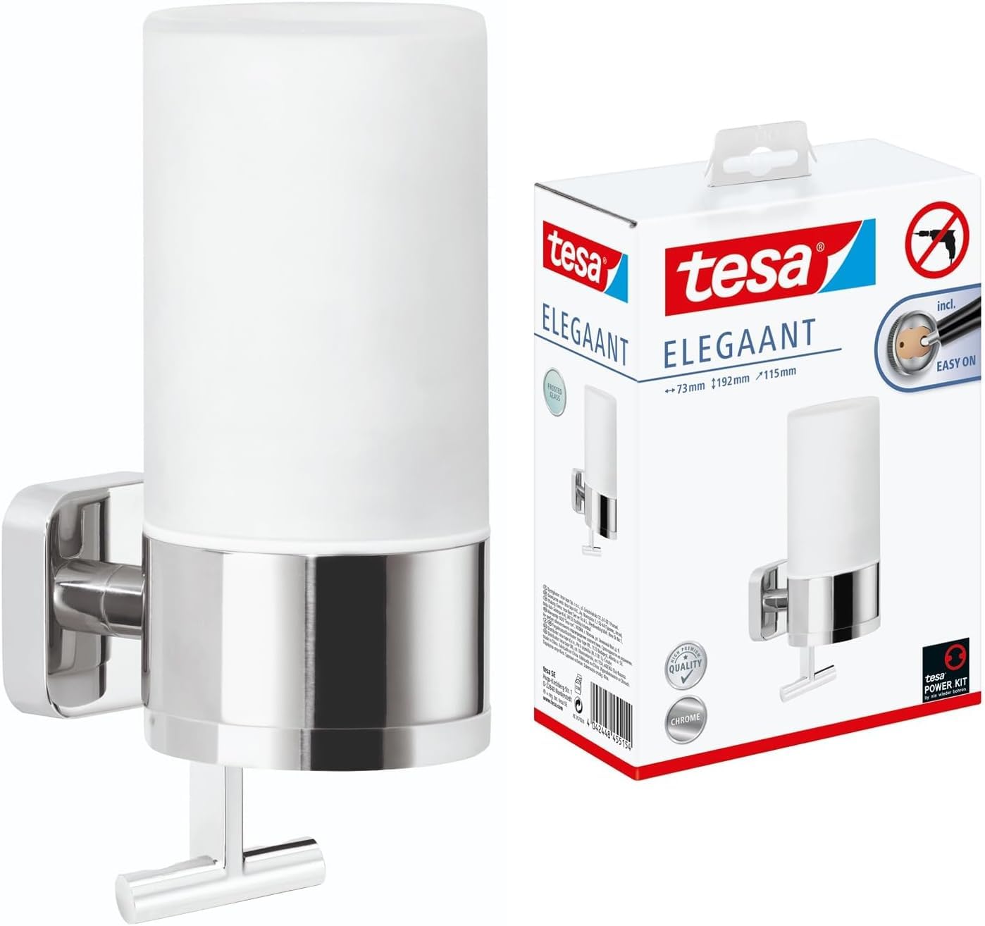 tesa® ELEGAANT Design-Seifenspender + tesa® ELEGAANT Zahnbürstenhalter, edles Design, Metall, verchromt, Milchglas, inkl. Klebelösung