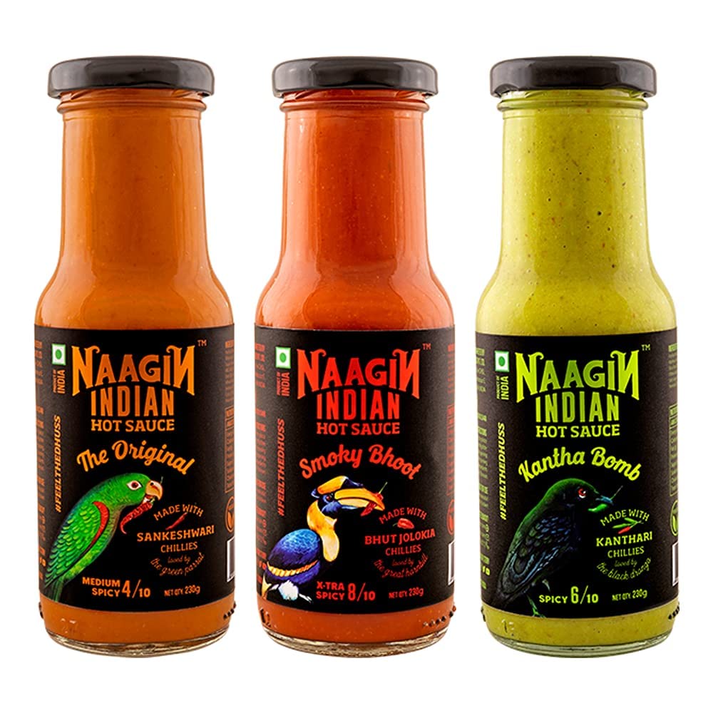 Naagin Indian Hot Sauce Combo (The Original x 1, Smoky Bhoot x 1 & Kantha Bomb x 1) Pack of 3 (24.33 oz) | Spicy | Made with Premium Chillies | Instant Taste Upgrade | 100% Vegan