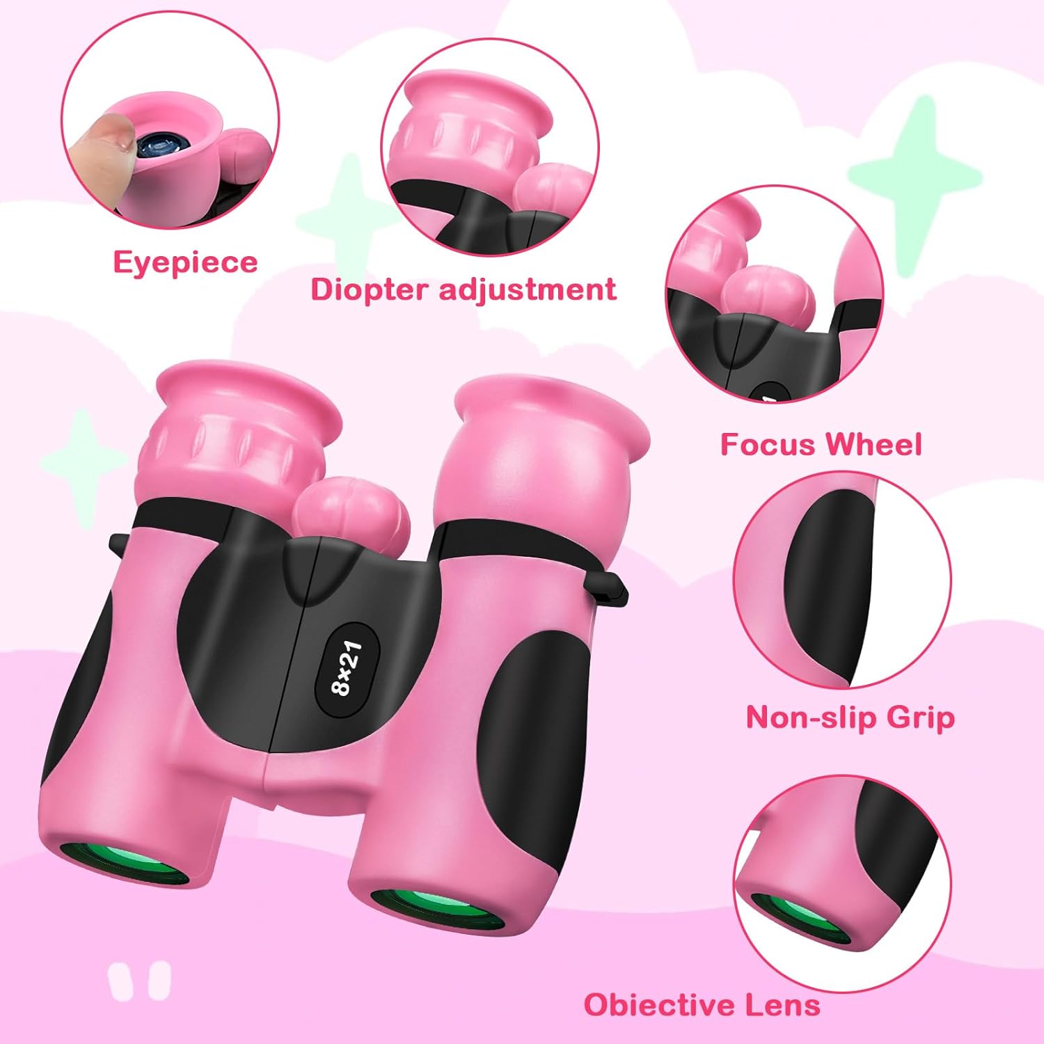 BLACKICE Binoculars for Kids, High-Resolution 8x21, Kids Binoculars Gift Set for Boys & Girls, Shockproof & Compact for Bird Watching, Travel, Hiking, Camping, Hunting, Children Outdoor Gear (Pink) - Image 2