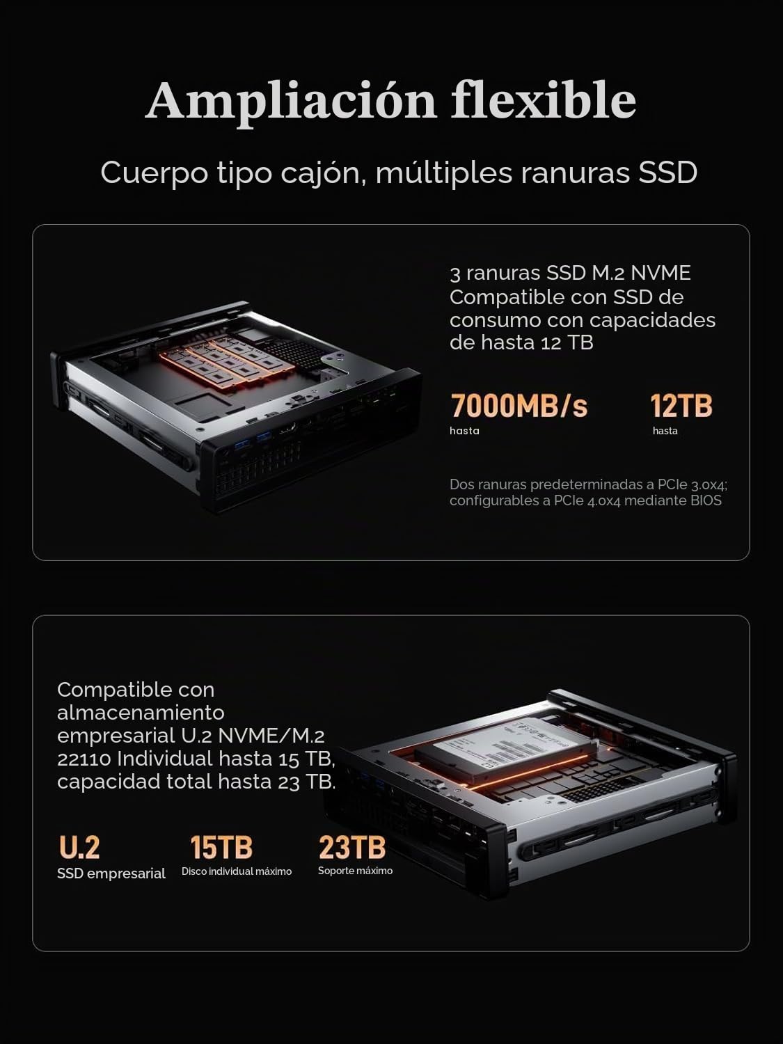 MINISFORUM MS-A2 Mini PC, AMD Ryzen 7 7745HX (8C/16T hasta 5,1 GHz), PCIe x16, 8K Triple Display (HDMI + 2X USB-C), 2X 10G SFP+, 2X 2,5G LAN, 3X M.2 SSD, sin RAM/SSD