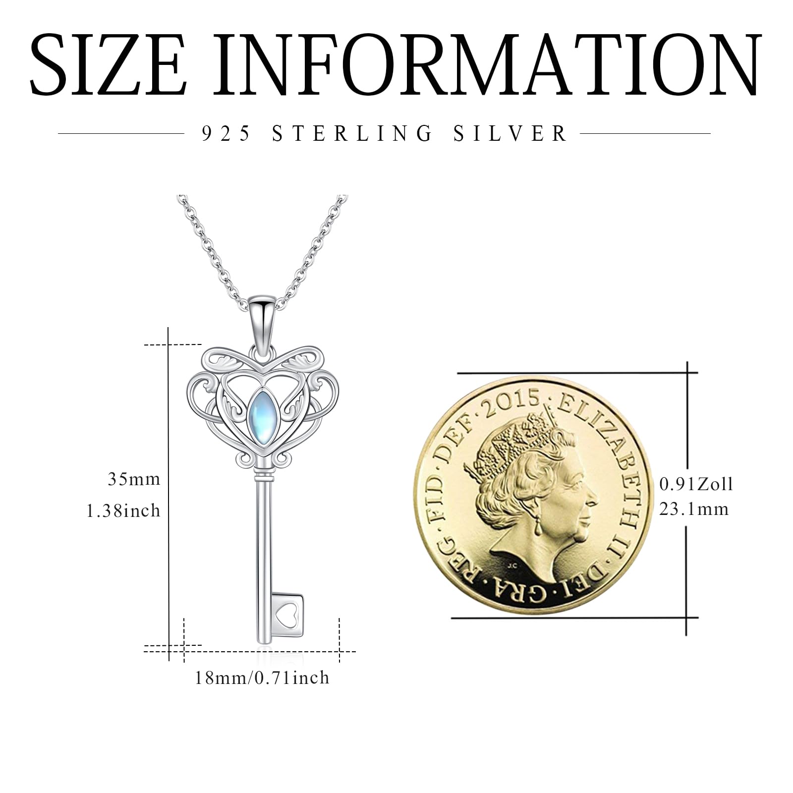 Collar con llave de plata 925, colgante de la suerte de piedra lunar para mujer