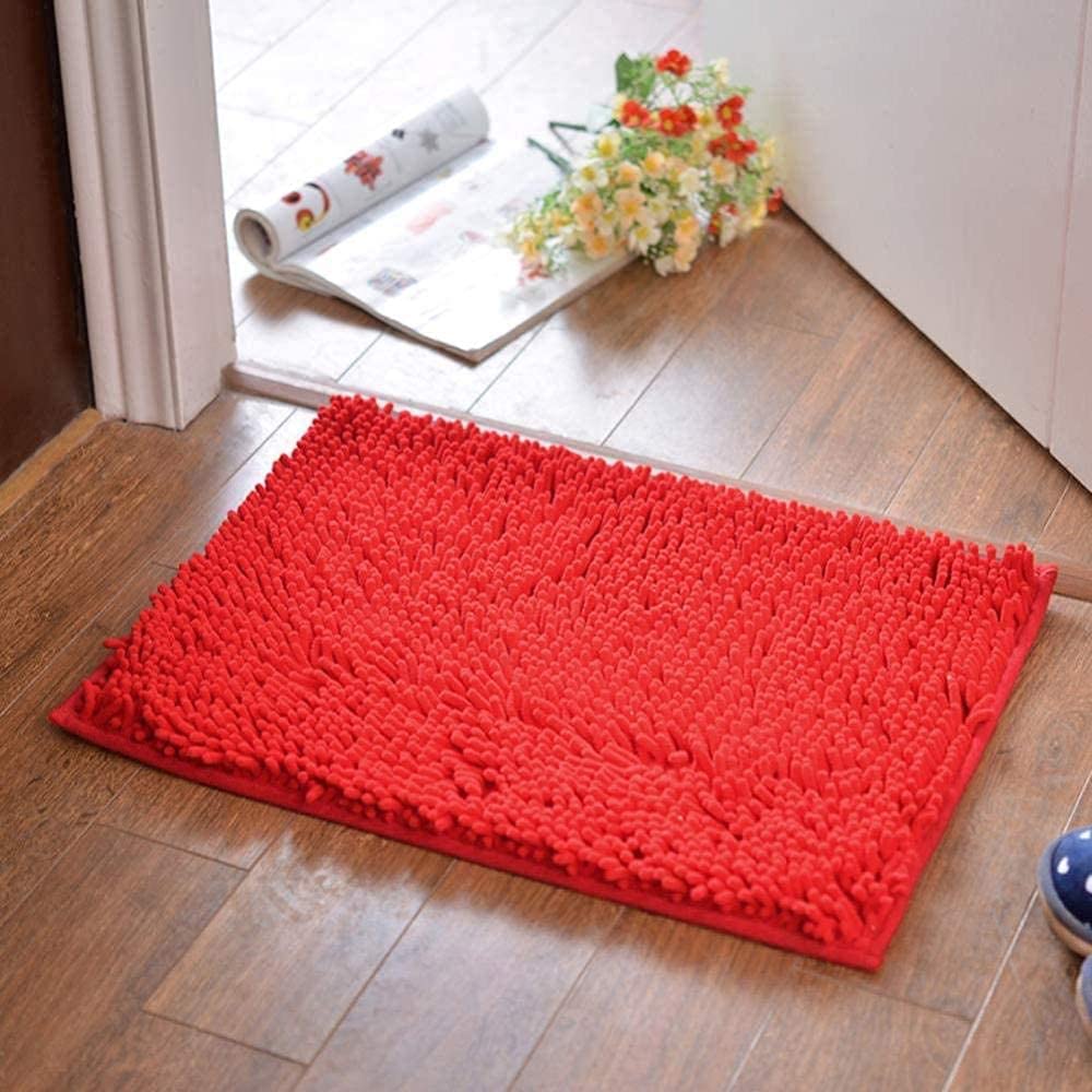 Tapis de bain antidérapant en chenille rouge shaggy ultra absorbant 120x40