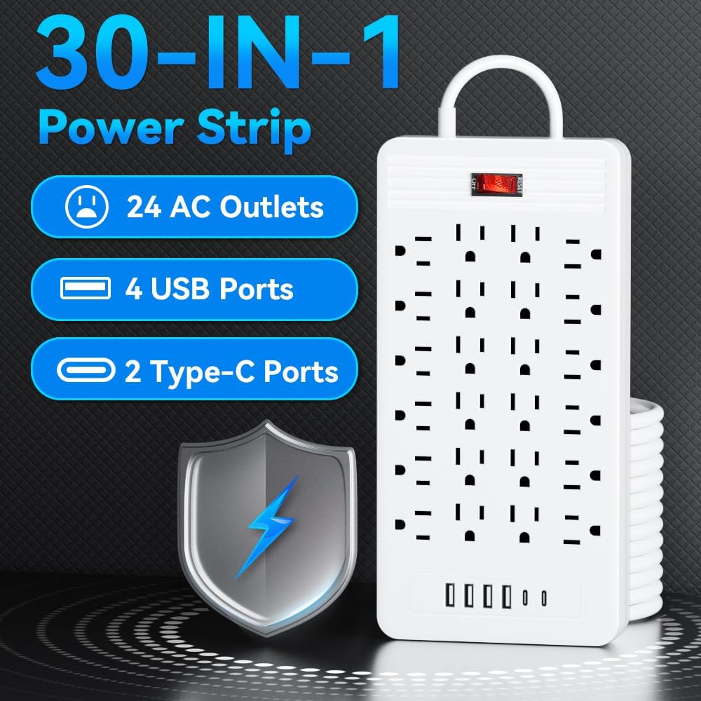 30-in-1 Power Strip with Overload Protection, 24 AC Outlets, 4 USB Ports, 2 Type-C Ports - Wall-Mountable, 5ft/10ft Extension Cord, Flat Plug, Ideal for Office, Home, Factory, School (White, 10FT)