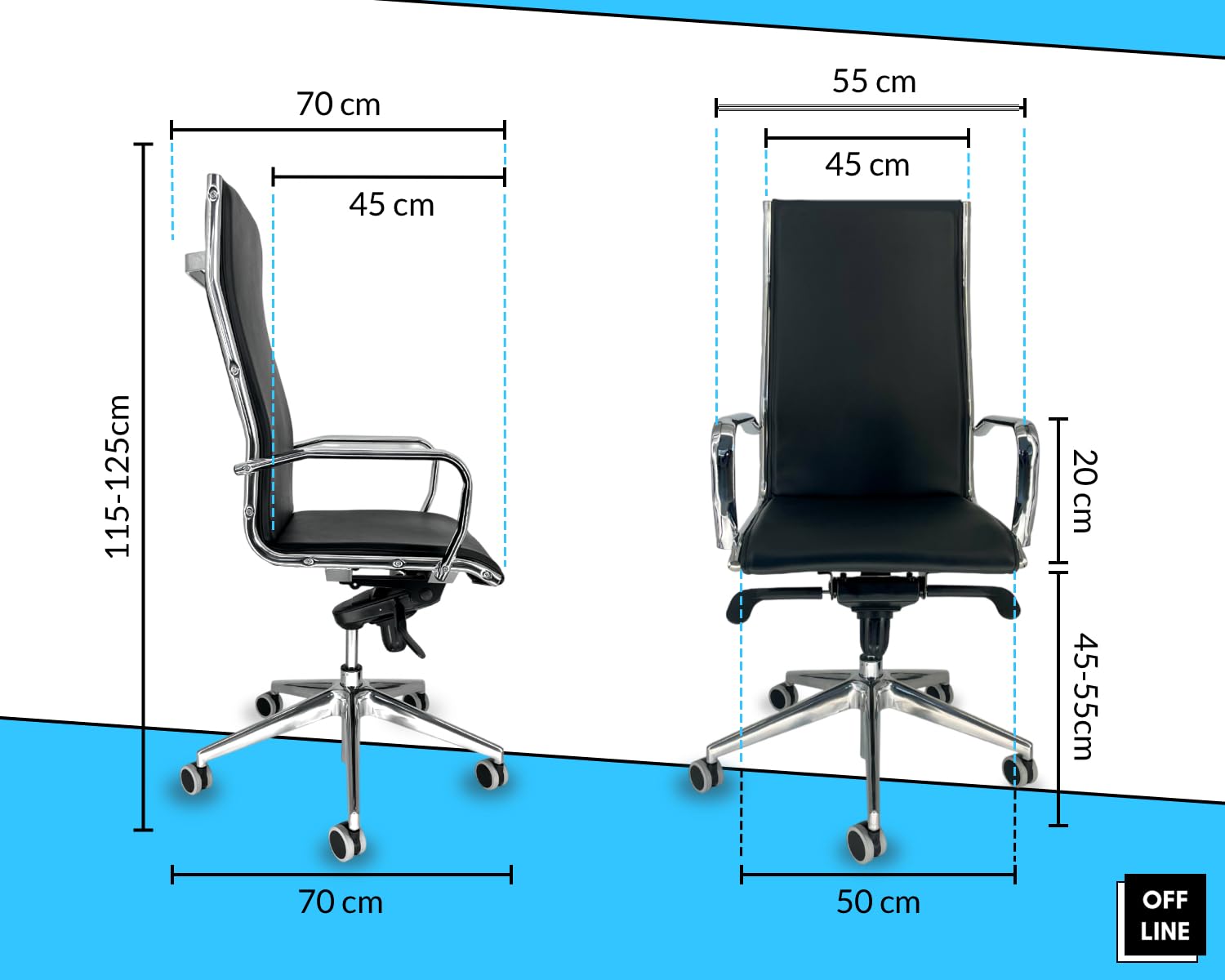 OFF LINE Sedia Ergonomica per Ufficio e per Smart Working, Ruote Silenziose, Per Uso al PC, in Finta Pelle Nera e Telaio con Braccioli in Acciaio Cromato, Schienale Alto (70x70x120 cm)