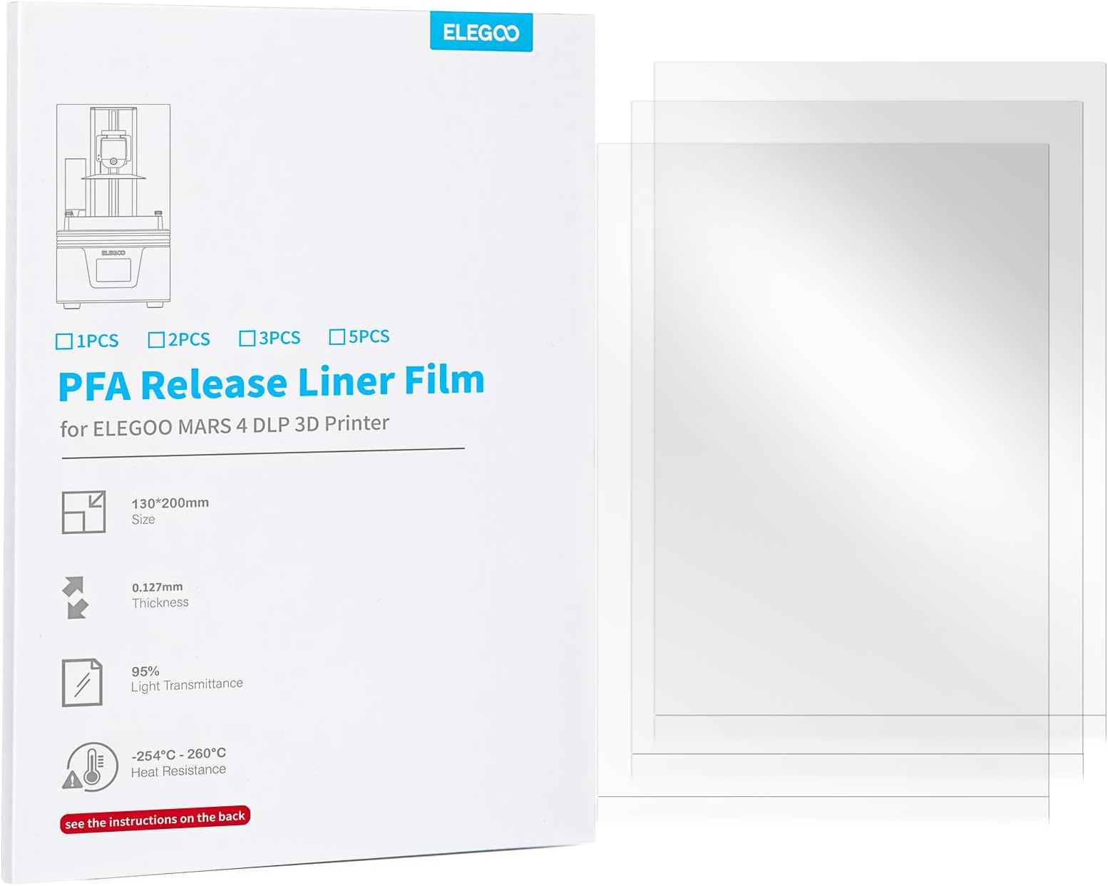 ELEGOO 3PCS PFA Release Liner Film, with Stronger Release Functionality and 95% Light Transmittance, Compatible with Mars 4 DLP 3D Printer, 200x130mm, 0.127mm Thickness