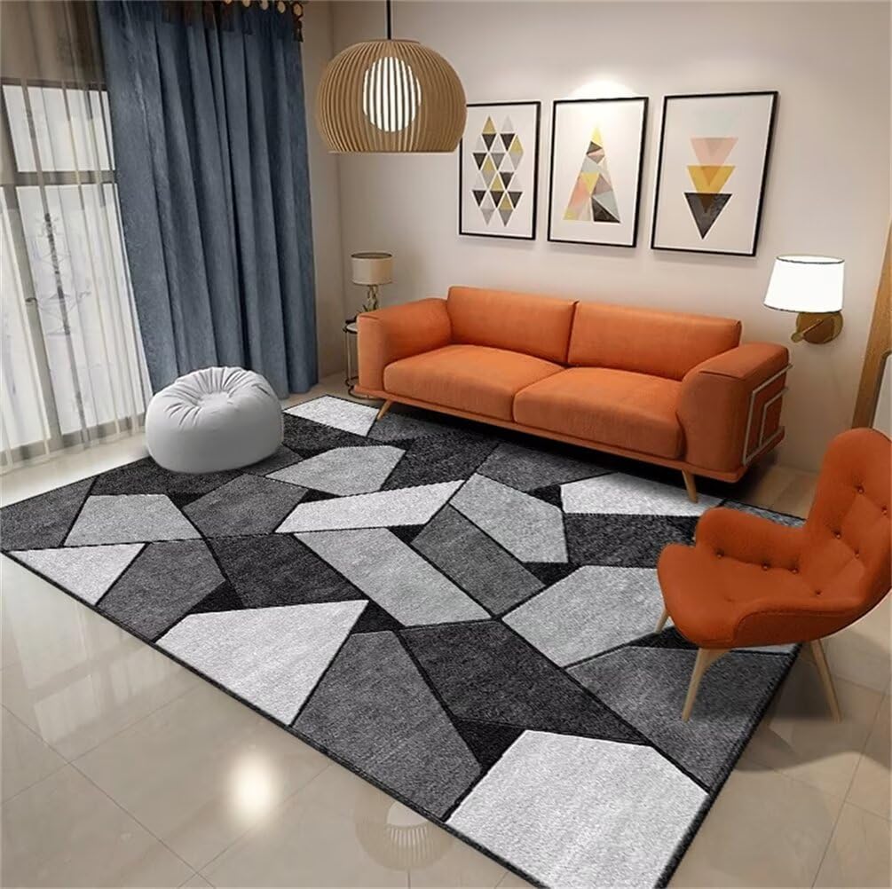 Tapis de salon gris 80x150cm moderne géométrique sans poils et lavable en machine pour enfant