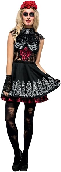Smiffys Costume Jour des morts Fever, avec robe et jupon attaché, et bandeau rose Halloween