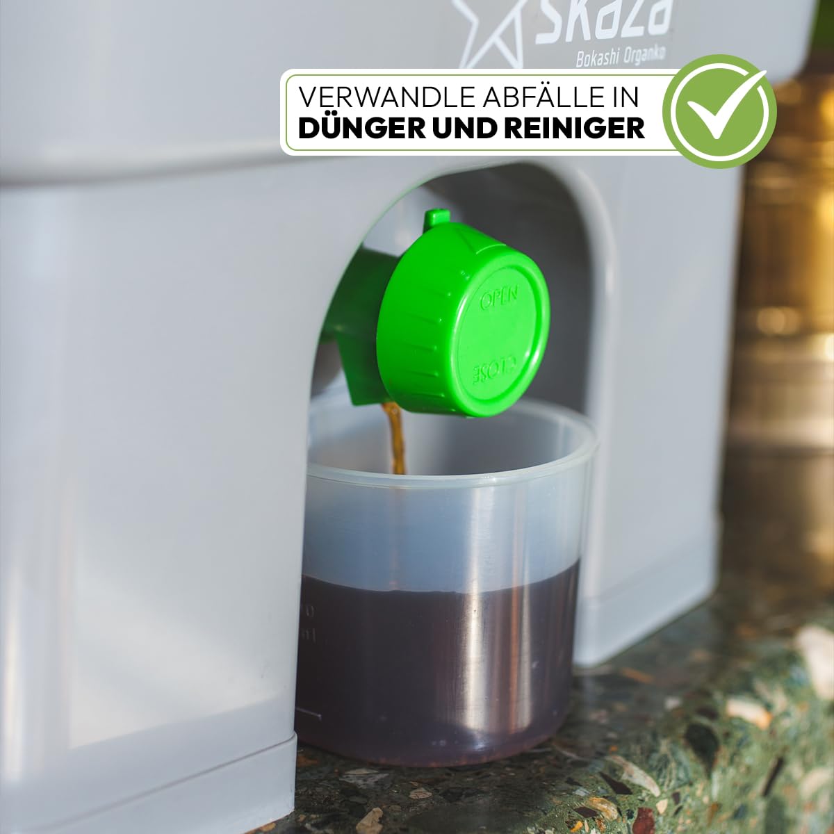 Skaza Bokashi Organko Biomülleimer Küche Set (2 x 16 Liter) – Komposteimer Küche und Garten – mit 1 Kg EM Fermentieren Aktivator (Grau-Grün)