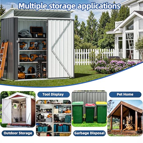 Image of JY QAQA 6x4 FT Metal Outdoor Garden Storage Shed, Waterproof Metal Garden Sheds with Window and Lockable Double Door, Weather Resistant Steel Tool Storage House Shed for Garden,Patio,Lawn