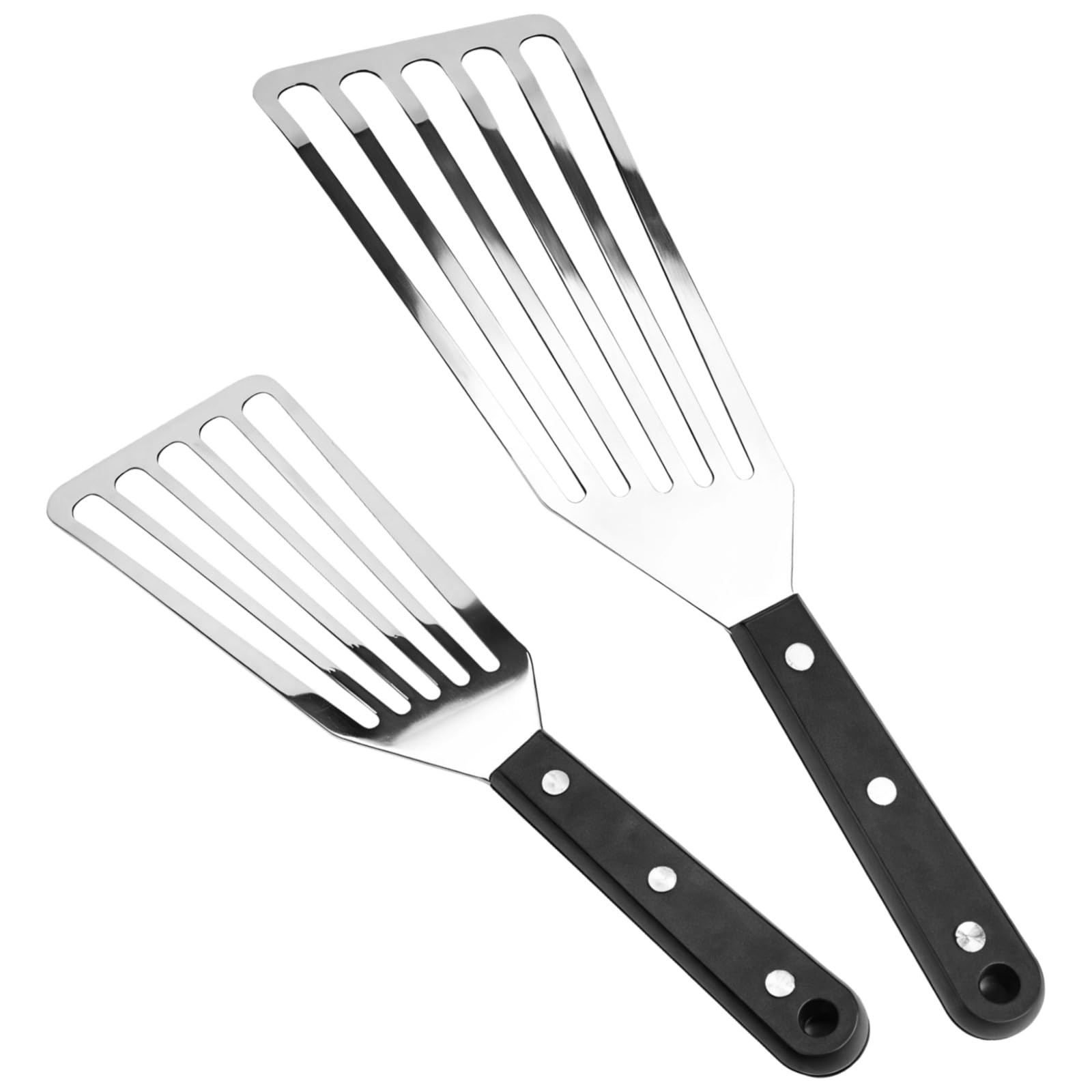 Packool Black & Silver Stainless Steel Slotted Turner Spatulas With Plastic Handle, 2 Pcs Fish Spatula, Long Heat-Resistant Kitchen Spatula For Fish Frying, Eggs Flipping, Grilling Steak