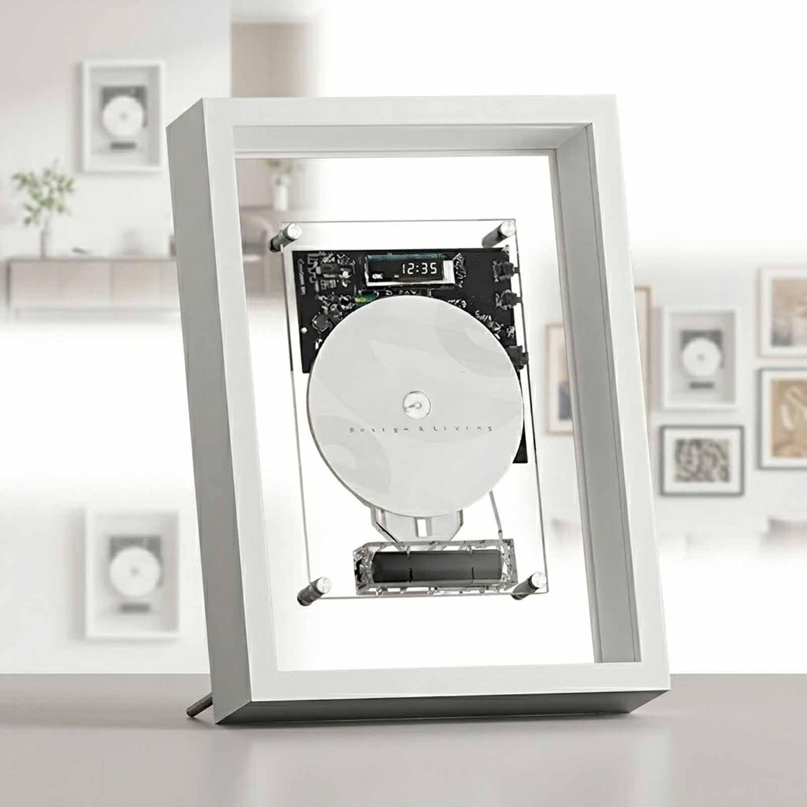 Reproductor De CD con Marco para Montaje En Pared, Marco Decorativo para Reproductor De CD con Control Remoto, Pantalla Led, Circuito Visible, Bluetooth 5.0/Salida Aux De White