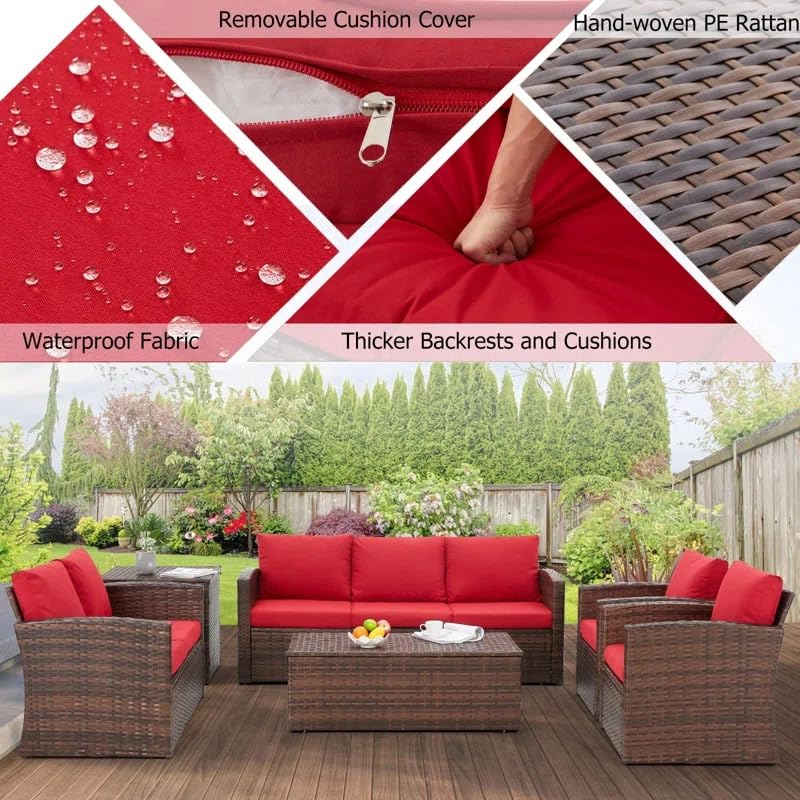 Image of 7 Seater Outdoor Conversation Set Patio Furniture Set All Weather Wicker Sectional Couch Sofa Dining Table Garden, Poolside, Balcony, Backyard.(Dark Brown and Red Color)