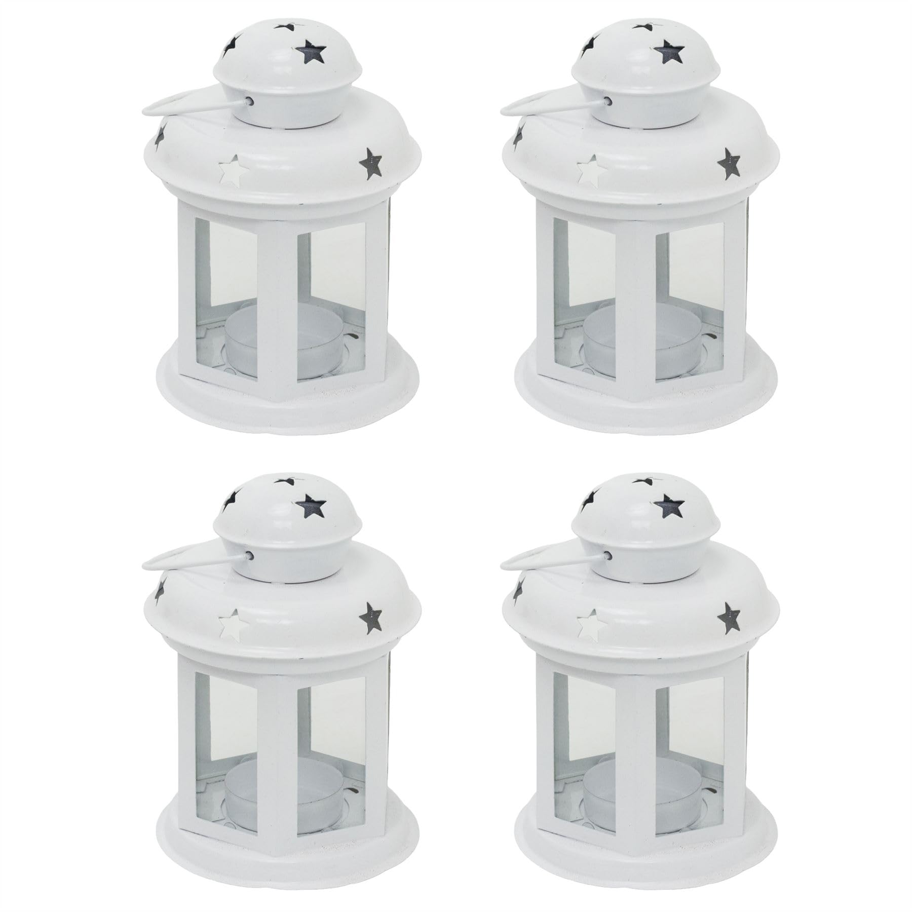 Set of 4 White Moroccan Tealight Lanterns, 13cm Hanging Candle Holders