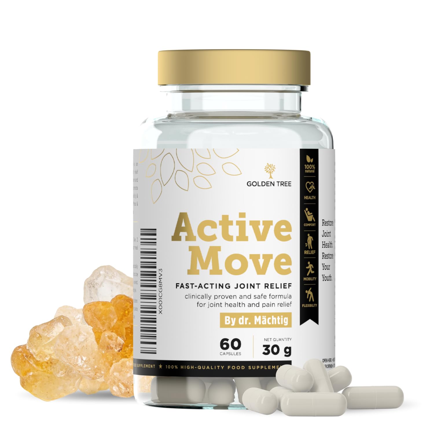 Golden Tree Active Move – Complemento Articulaciones, 60 Cápsulas | Con Boswellia, Ácido Hialurónico, Colágeno UC-II y Vitamina C – Cápsulas de Soporte Articular