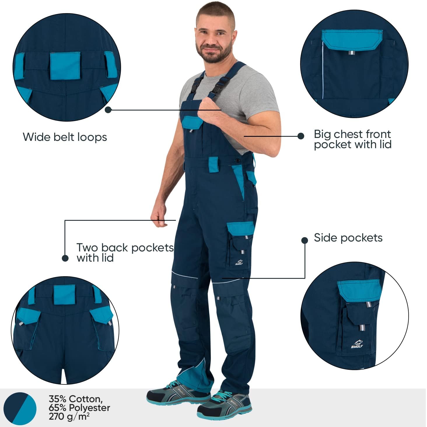 BWOLF Brave Salopette de travail pour homme avec poches latérales multifonctionnelles, poches arrières renforcées en polyester 600D