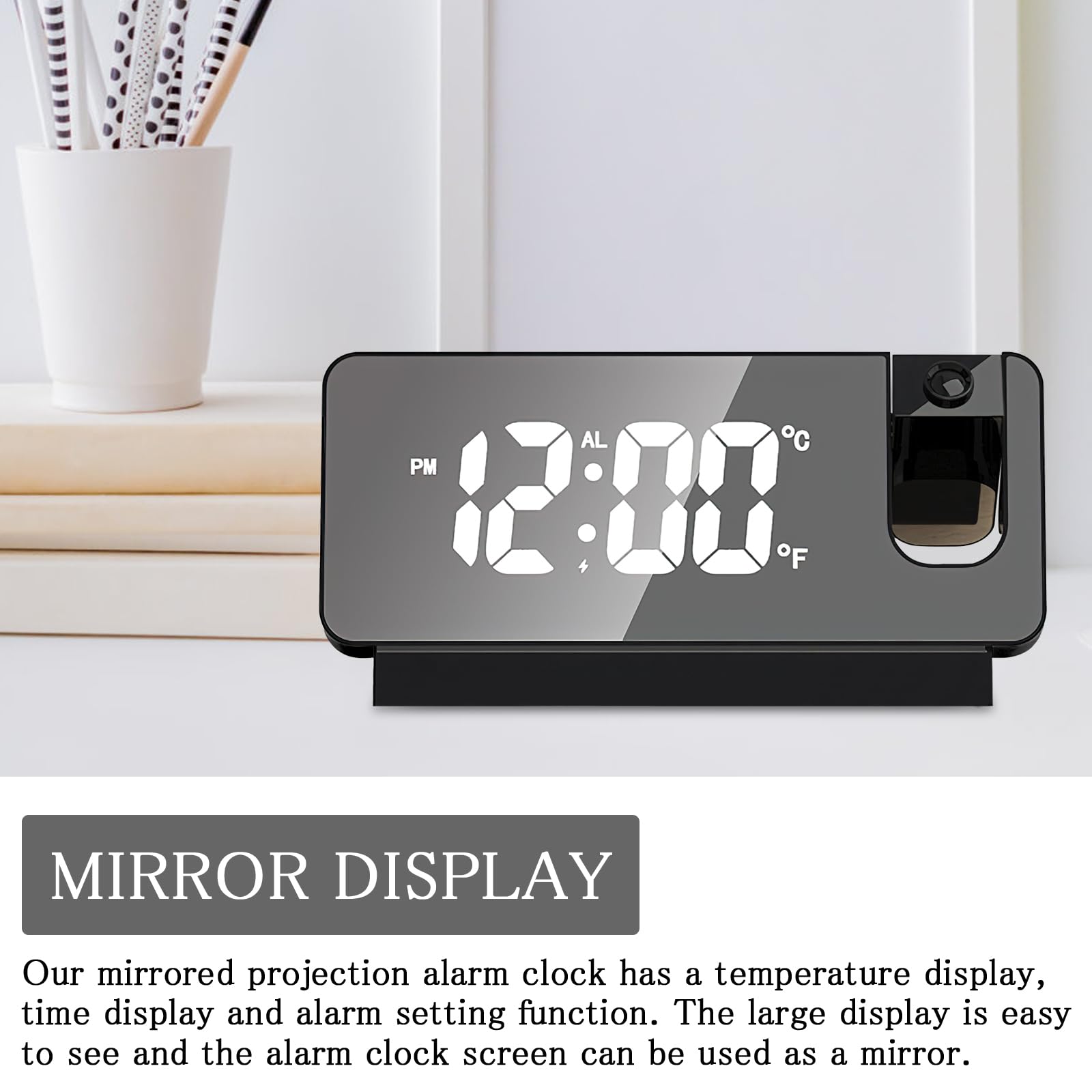 TNSLAND Reloj Despertador con proyección, Despertador con proyección de 180 °, Reloj Despertador LED, Reloj Digital, Reloj Digital con repetición de Doble Gong, Temperatura, Puerto USB, función