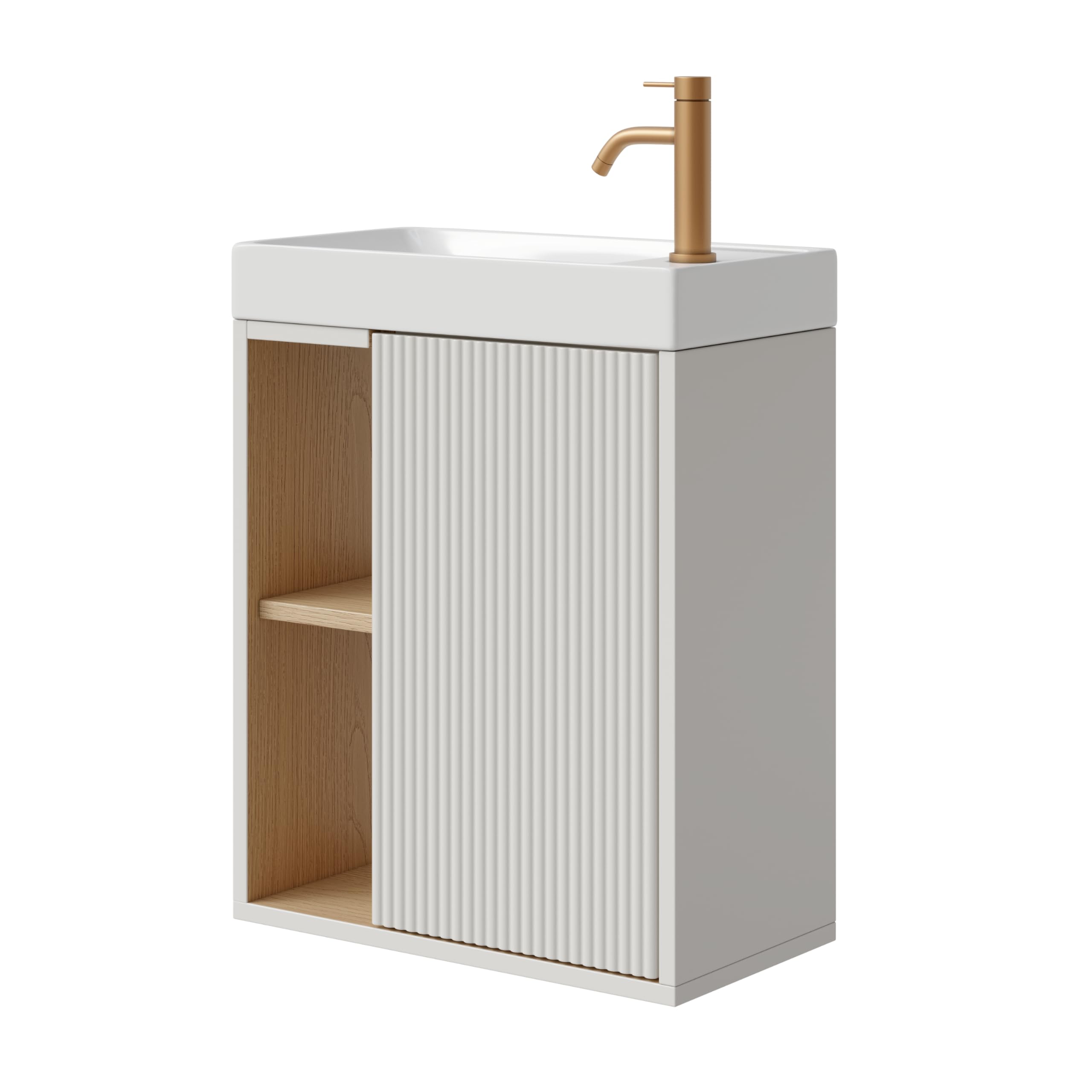 Meuble de lavabo Mural 46 cm avec lavabo – Meuble de Toilette étroit avec Porte rainurée à Fermeture Douce et étagère Ouverte, Blanc Mat/Golden Sand