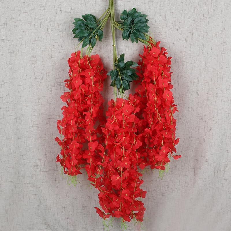 GERRIT Wisteria Flowers Vine Garland Artificial Wisteria Vines Hanging Flower Silk for Wedding Arch Party Garden Home Decor Table Backdrop 6 Feet, Red, ENEV-72