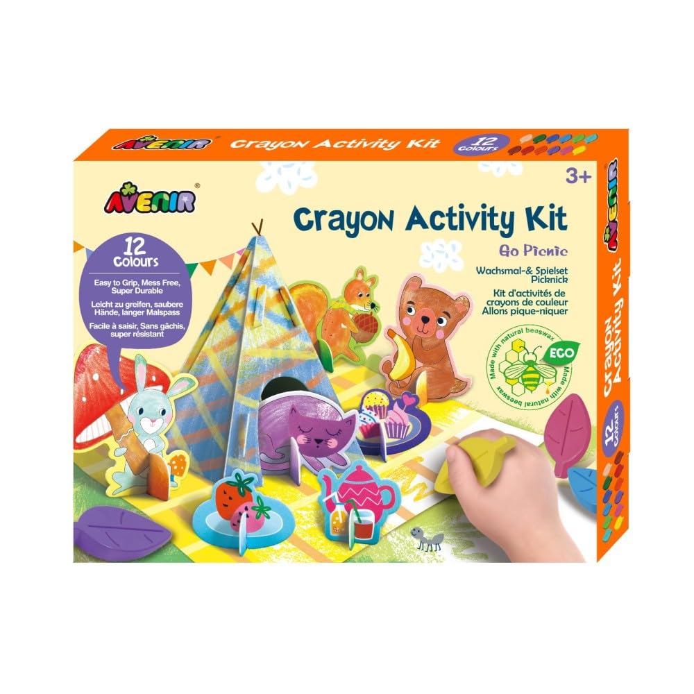 Avenir Crayon Activity Kit - Go Picnic | Thoughtfully Designed Crayons for Little Hands, Mess-Free and Durable | Safe and Eco-Friendly Natural Beeswax Crayons for Kids 3+