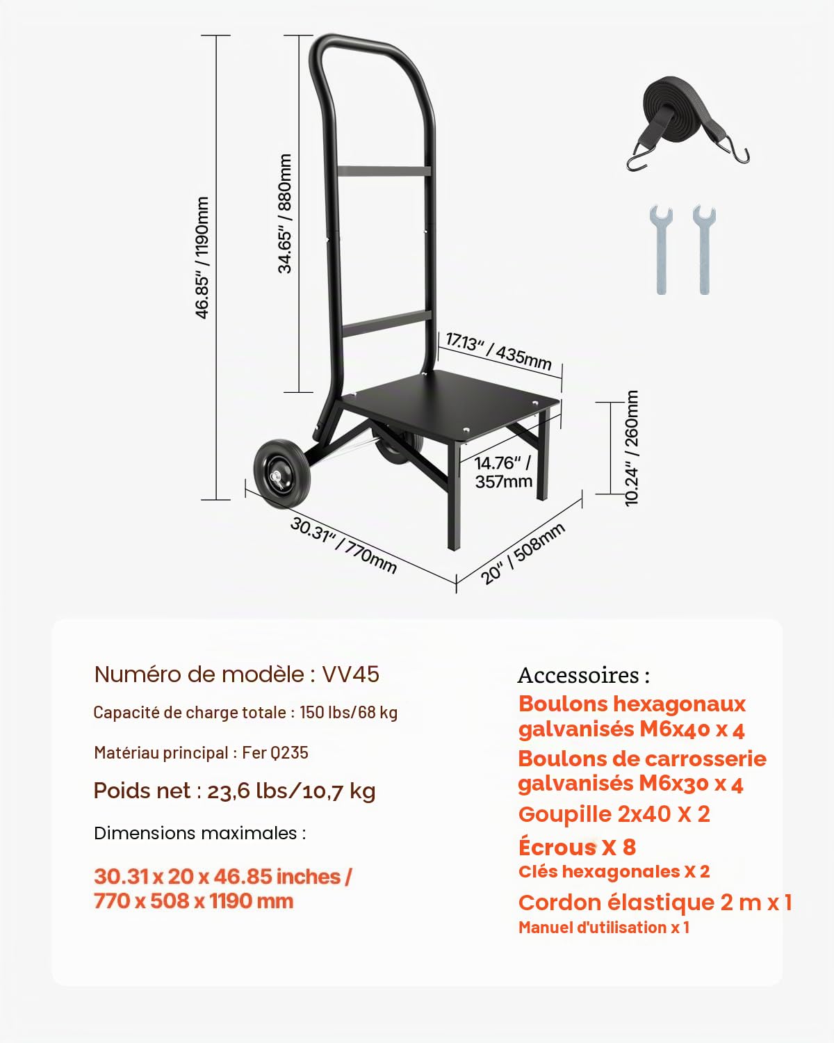VEVOR Chariot de Chaise Pliante, Capacité de Charge 68 kg, Support Robuste pour Empiler 10 Chaises, Organiseur de Rangement Multifonction Métal à Pousser avec roulettes, pour Salle à Manger, Noir Mat