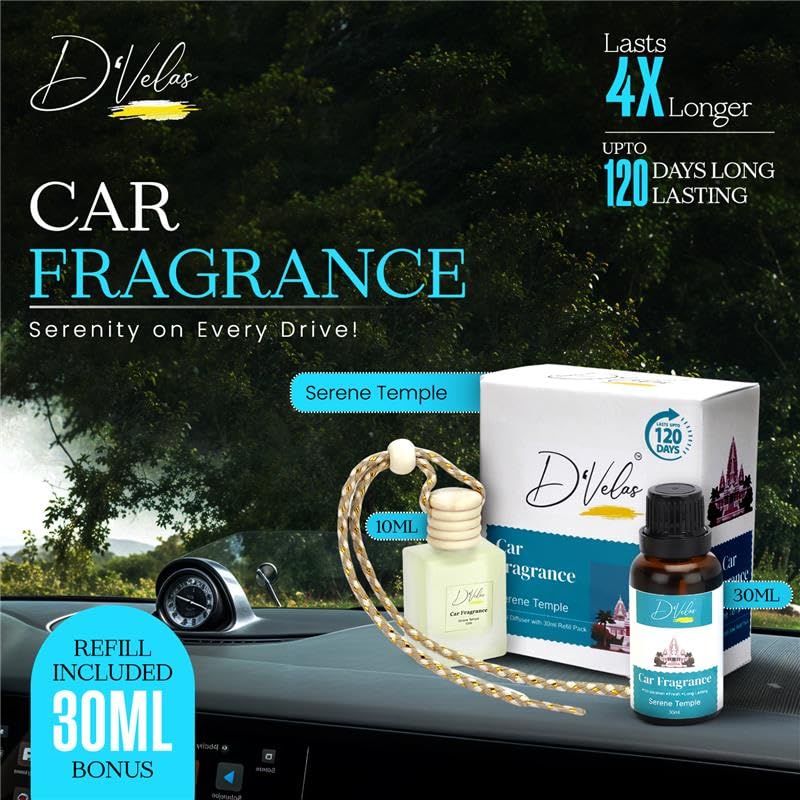 Image of D'Velas 40ml Car Freshener Diffuser Set - Long-Lasting Upto 120 Days | Serene Temple | No Paraben | 10ml Wooden Lid Bottle with 30ml Refill | Perfume Diffuser | Odor Eliminator for Car Interior
