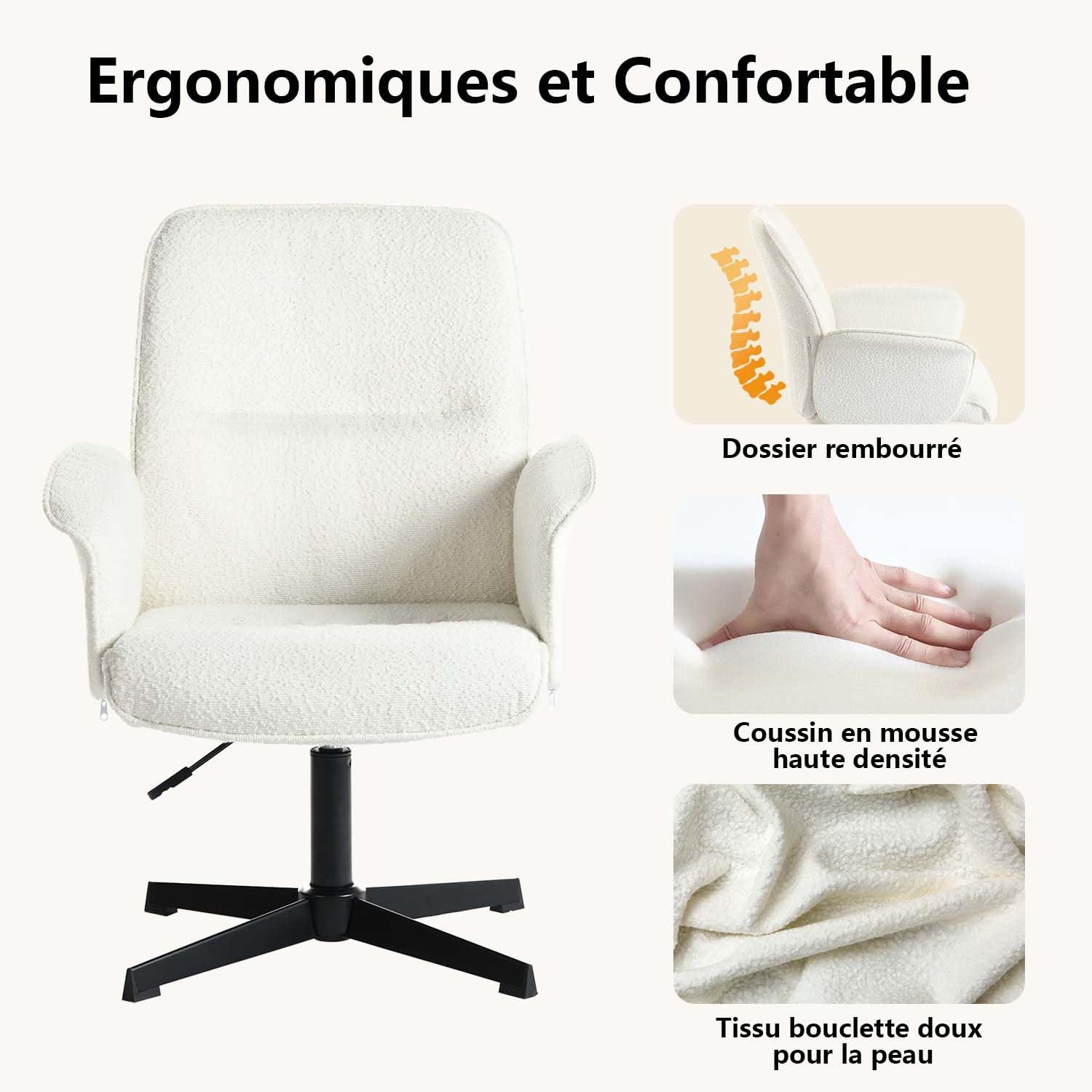 MEUBLE Cosy Sillones de salón Butaca nórdica Sillas de Maquillaje Escritorio de Giratoria Altura Ajustable con Reposabrazos para Dormitorio Oficina en Tela de Felpa Blanco