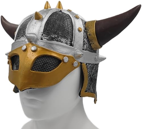Miniatura 2 de Casco de disfraz de soldado de caballero de la Edad Media con máscara, casco vikingo con cuernos de la edad vikinga, sombrero de disfraz de arma