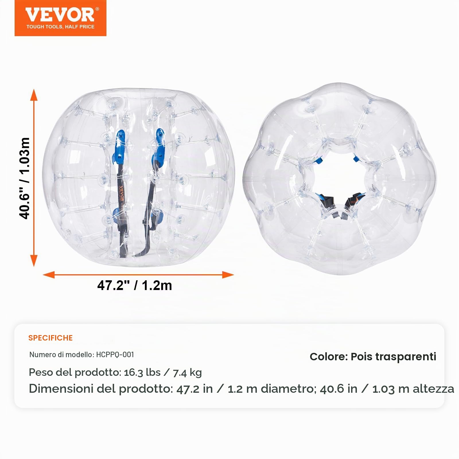 VEVORPalla Gonfiabile Paraurti, Antiurto per Gioco, 1 Pezzo, 1,2 m x 1,03 m, Trasparente, Rimbalzo PVC, Attività all'Aperto