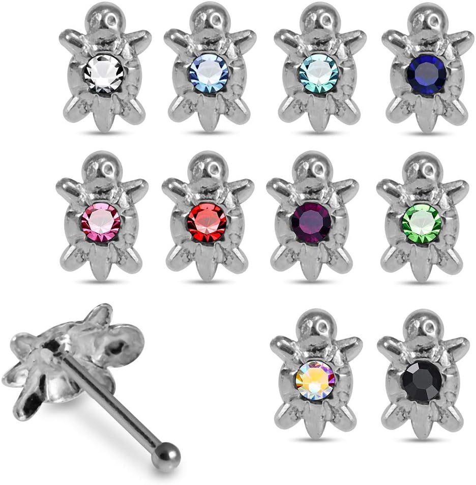 20 Pieces Box Set Turtle with Crystal Stone Design 22 Gauge 925 Sterling Silver Nose Pin - Nose Stud - Tiny Nose Ring - Nose Piercing Body Jewelry