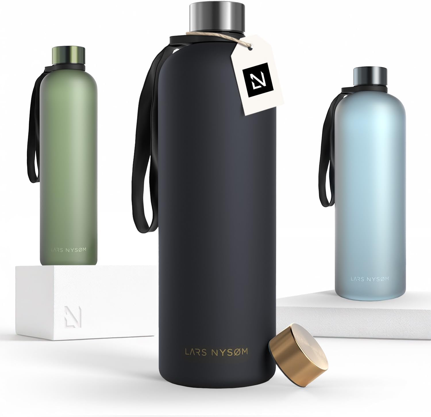 LARS NYSØM Water Bottle 51oz | Drinking Bottle 1.5Liter | Ultralight Tritan Sports Flask leak-proof | Ideal for sports, office, yoga | 2 lids included (Pine Green, XL 50.7oz)