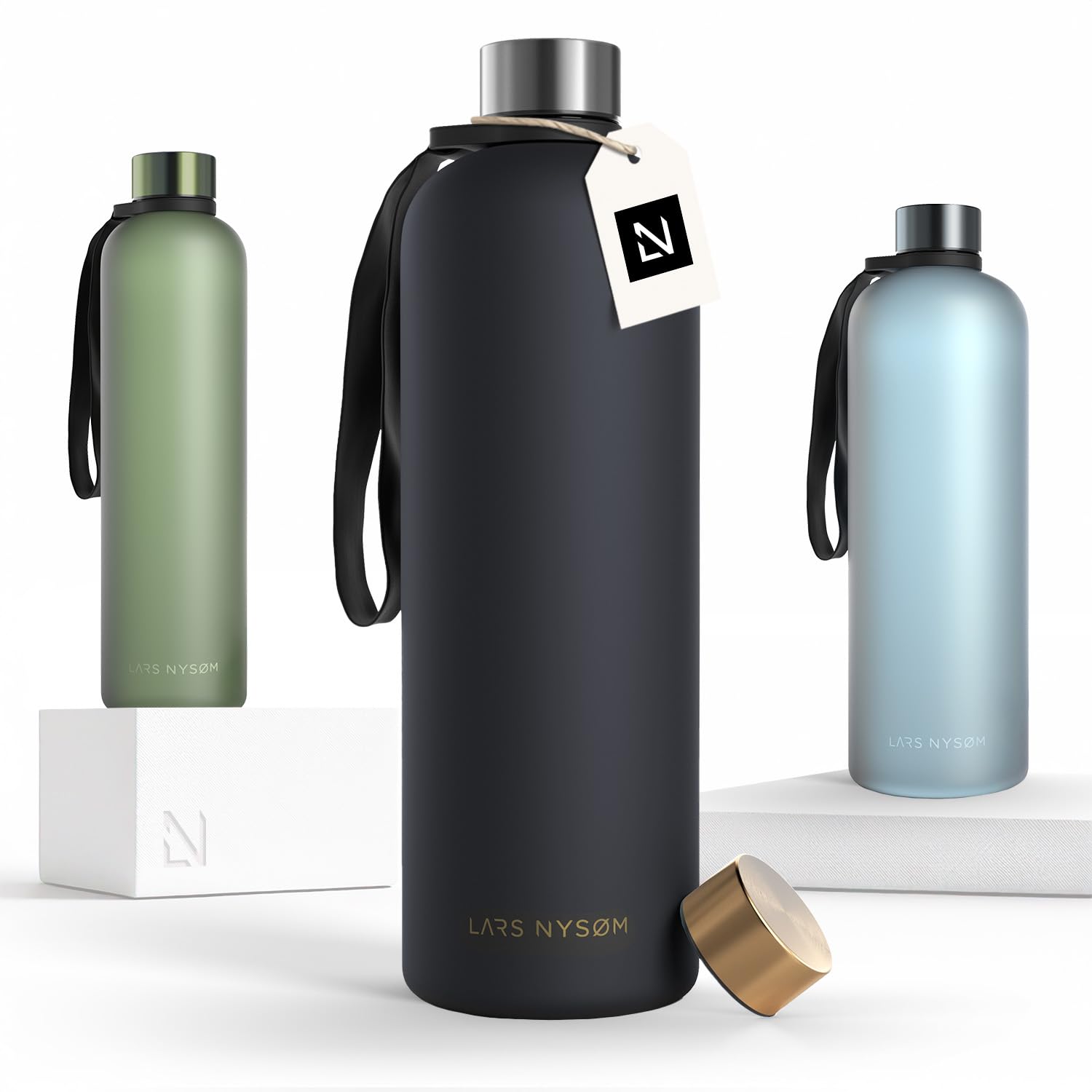 LARS NYSØM Water Bottle 51oz | Drinking Bottle 1,5Liter | Ultralight Tritan Sports Flask leak-proof | Ideal for sports, office, yoga | 2 lids included (Black - Gold, XL 1500ml)