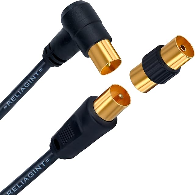 RELIAGINT TV Aerial Cable 2m  Pure Copper TV Coaxial Cable with Dual Shielding for Strong Signal  Straight or Right-Angle  Female-to-Female Adaptor Included  Fire-Resistant Aerial Connectors