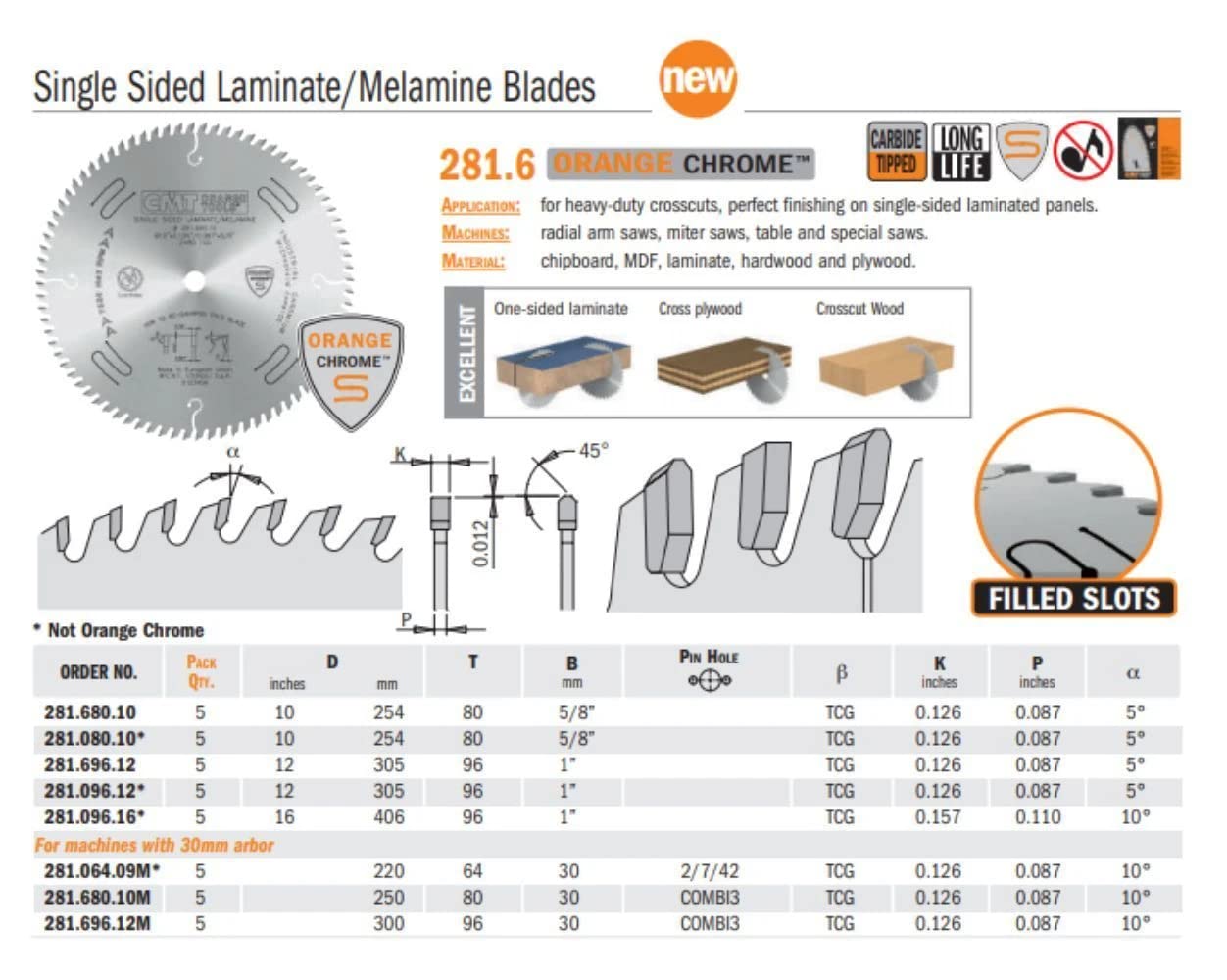 CMT ORANGE TOOLS 281.680.10M - LAMA TRAPEZOIDALE CHROME HW 250x3.2/2.2x30 Z80 TCG 5pos